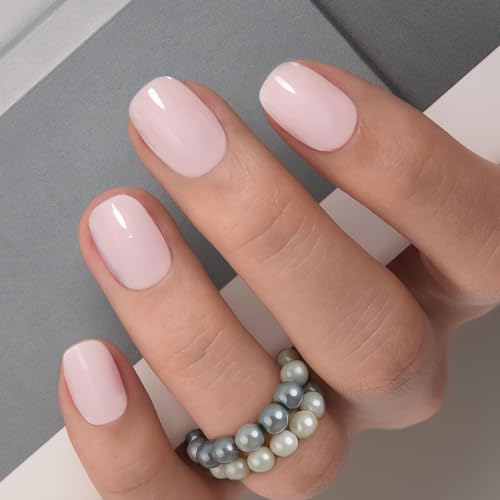 Image of Curvlife Press on Nails Milky White Short Square Acrylic Fake Nails with Apricot Design Full Cover Glossy Nude Glue on Nails Artificial for Women 30Pcs