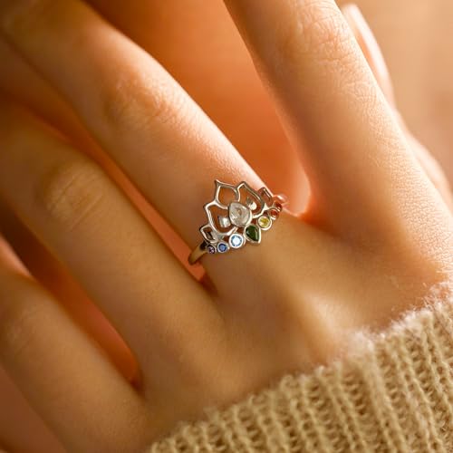 925 Sterling Silver Lotus Flower Rings for Women Promise Ring for Her Self Love Ring Comfort Fit Healing Rainbow CZ Ring Yoga Lover Wedding Band Birthday Christmas Gifts3