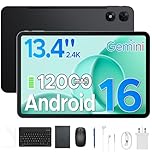 P13 Pro 13.4 Inch Large Tablet, Android 16 Tablets, Gemini AI, 120Hz, 48GB RAM+256GB ROM, 12000mAh/18W, T7280 Octa-Core, 4G Dual SIM, OTG, 16MP, Face ID, 5G WiFi, Tablet with Keyboard, Stylus, Black