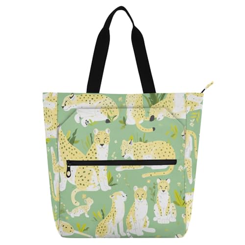 Children's Book Tote Bag for Kids Students Adults, Cartoon Cheetah Mint Green Water-resistant Reusable Book Bag Grocery Bag with Zipper for School Work Travel