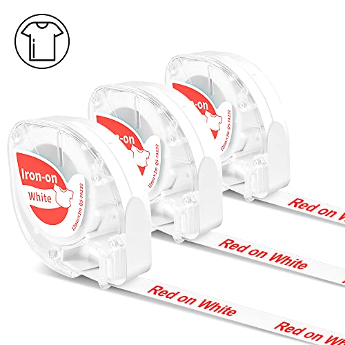 3x Etiquetas planchables Phomemo P12 Original 12mmx2m Rojo sobre blanco Q5-FA232 Etiquetas planchables para impresoras de etiquetas Phomemo P12Pro/LT12 y como repuesto para Dymo LetraTag Plus LT100H