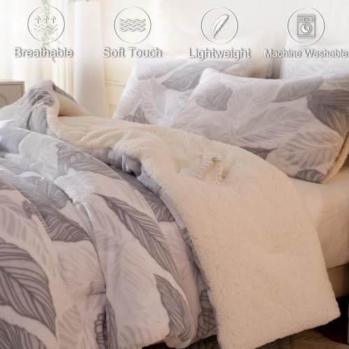 Image of Tufted Fleece Comforter Set Queen- Super Soft Warm Fluffy Shaggy Bedding Sets, Leaves Jacquard Bed Set for Winter, 1 Sherpa Comforter with 2 Pillow Cases (90 inchX90 inch Grey Leaf)