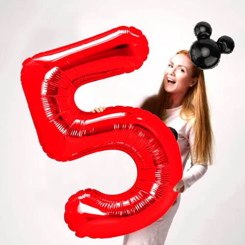 Cadeya Mouse Number 5 Birthday Balloons, 40” Black Red Aluminum Foil Balloons For Mouse Clubhouse 5Th Birthday Party, Kids Theme Party Decoration Supplies #TOP7