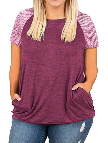 Womens Plus Size Short Sleeve Tops Pockets Raglan T Shirts Blouses Wine Red-18W