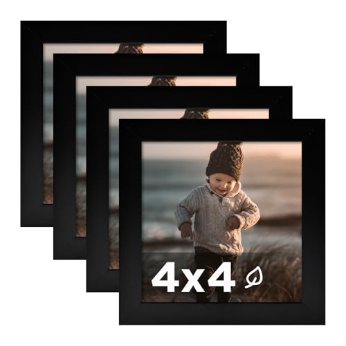 KINLINK 4x4 Picture Frame Black Set of 4 Wooden Square Photo Frames with Plexiglass for 4x4 without Mat for Table and Wall Display