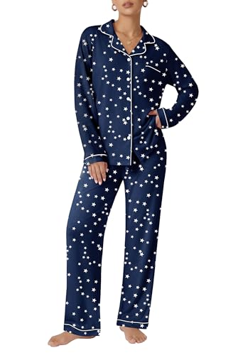 Image of Ekouaer Pajamas Women's Long Sleeve Sleepwear Soft Button Down Loungewear Pjs Lounge Set Nightwear,Navy Stars Pattern,Small