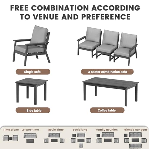 Image of LOUNZY HDPE Patio Conversation Set, 3 pcs Sectional Outdoor Furniture Set, All Weather Outdoor Couch Set Patio Furniture Set for Deck, Lawn, Grey