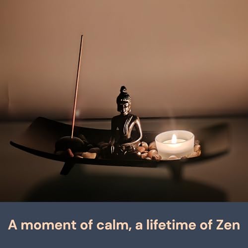 ZEN&TAO Japanese Zen Garden Style Incense and Tealight Holder Set Black Tray with with Buddha Statue, Incense Holder, Candle Holder and Natural Graves - Image 5