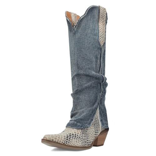 Betastella Womens Denim Knee High Cowboy Boots Snakeskin Cowgirl Boots Fold Over Chunky Heel Snip Toe Western Boot, Size 6, Blue