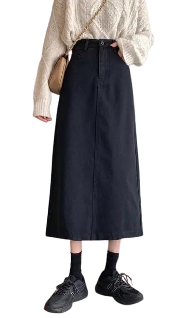 Z Black with Zip A-Line Maxi Denim Woman Skirt 18200-picture-32