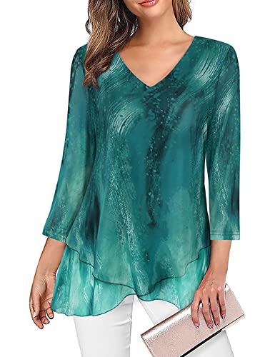 Sese Code Dressy Tops For Women, Womens Tunic Tops Summer 2023 3/4 Sleeve Ruffle Hem Evening Blouses Elegant Flowy Ladies A Line Semi- Formal Shirts Green 2Xl #TOP19