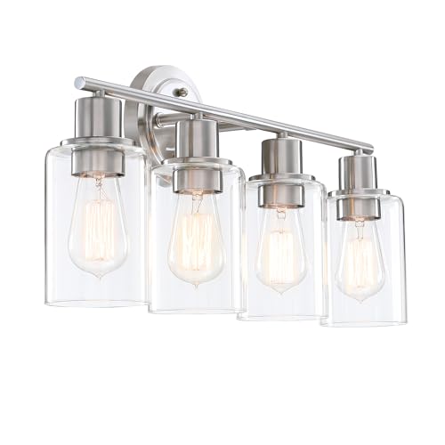 Image of Brushed Nickel 4-Light Bathroom Light Fixture Over Mirror Sink, 4-Light Bathroom Vanity Lights Brushed Nickel Vanity Wall Sconce for Mirror
