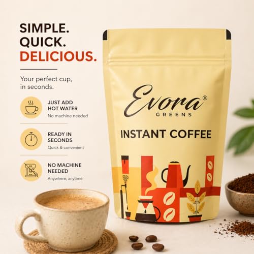Image of Evora Greens Classic Instant Coffee | Arabica & Robusta Blend | Strong Aroma & Smooth Taste | Hot, Cold & Black Coffee | Makes ~50 Cups | 500g Glass Jar