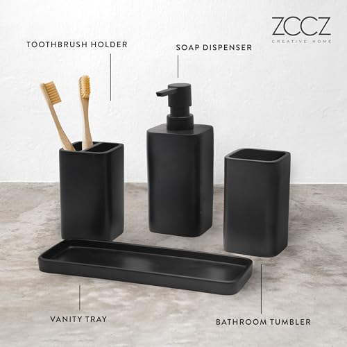 zccz Black Matte Bathroom Accessory Set - Bathroom Set with Toothbrush Holder, Soap Dispenser, Tumbler and Tray - Bathroom Soap Dispenser Set - Accessoire Salle de Bain - Black Bathroom Accessories by zccz - Image 3