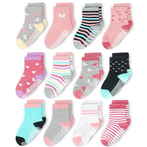 Image of CozyWay Baby & Toddler Socks With Grippers Non Slip Crew Grip Socks for Girls and Boys Soft Comfy Cotton - 12 Pack
