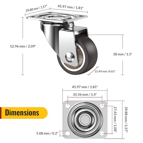 HOLKIE Caster Wheels 1.5 inch, Heavy Duty Furniture Casters Set of 8, Rubber Castors No Noise, Ball Bearing Swive Castor Wheels for Furniture Holding 200 LBS for 4,Made for Desk,Night Stand,Shoe Rack