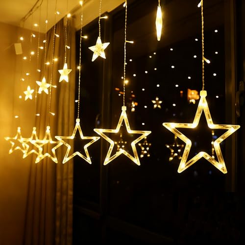 shsyue Christmas Star Window Lights LED Curtain Light 2.5M Christmas Decorations Lights 138 LED 12 Star Fairy Light for Xmas Tree Party Wedding Garden Bedroom Warm White 8 Modes USB