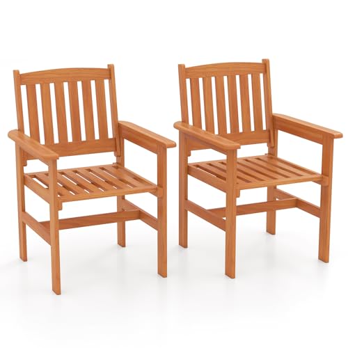 Tangkula Wood Patio Dining Chairs Set of 2, Wooden Outdoor Dining Chairs with High Backrest & Slatted Seat, Outdoor Furniture Armchairs for Deck, Garden, Porch & Backyard, (Vertical Stripe)