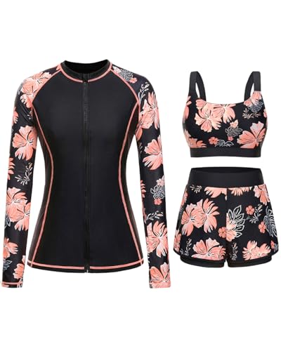 Black Floral 3 Piece Rash Guard for Women - Long Sleeve Swimsuits with Shorts SPF Zip up Swim Shirt with Built in Bra M