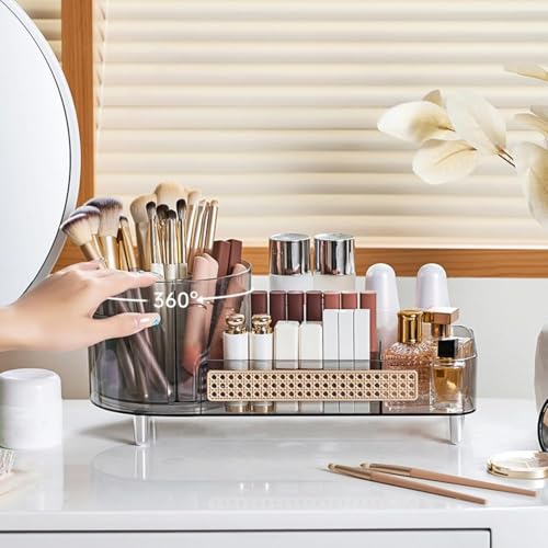 Booklov Rotating Makeup Organizer for Vanity, Large Capacity Cosmetic Display Case, Clear Acrylic Countertop Beauty Storage Holder for Skincare, Brush Eyeliner Lipstick, Counter Table, Crystal Black
