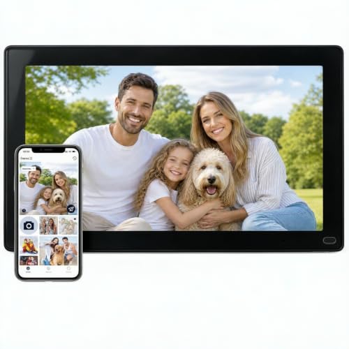 AEEZO Digital Picture Frame, 15.6'' WiFi Electronic Photo Frames with 64GB Memory, 1920 * 1080 IPS FHD Touch Screen, Auto-Rotate Easy Setup via AiMOR APP, Gifts for Parents and Grandparents Black