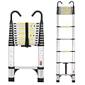Dajianglx 10.5FT Telescoping Ladder, Aluminum Extension Ladder with Hooks & 2 Triangle Stabilizers, 330lbs Capacity Telescopic Ladder, Non-Slip Feet Collapsible Ladder for Home, Outdoor Work, Silvery