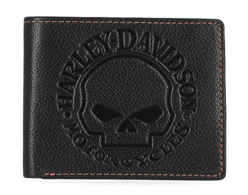 Harley-Davidson Men's Classic Genuine Pebble Leather Skull Passcase Wallet Black