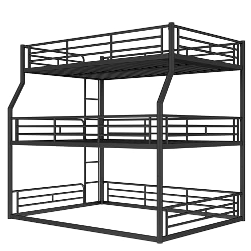 Image of Full Over Queen Over Queen Bunk Bed with Safety Guardrails, Modern Metal Triple Bed Frame for Kids, No Box Spring Required, Black