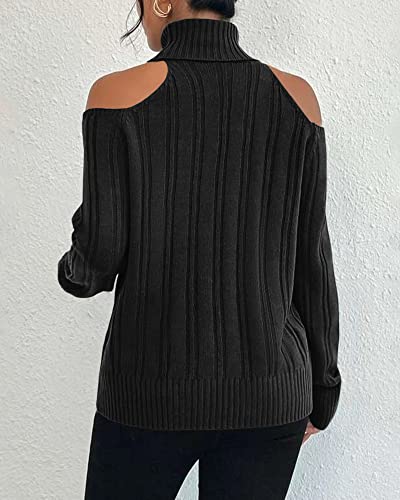 Langwyqu Womens Cold Shoulder Turtleneck Sweaters 2025 Fall Long Sleeve Soft Cable Knit Pullovers Sexy Jumper Tops3