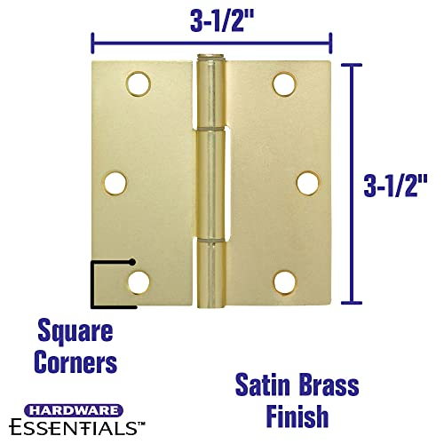 Hardware Essentials by Hillman Squeak-Proof 3-1/2in Square Radius Satin Brass Door Hinge (3 Count) - Thumbnail 2