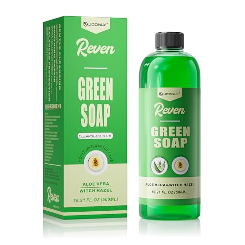 Jconly Tattoo Green Soap with Witch Hazel & Aloe 16.9oz Ultra Concentrated Vegan Soap & Squeeze Bottle Kit for Soothing, Cleansing & Aftercare Designed for Professional Tattoo Artists