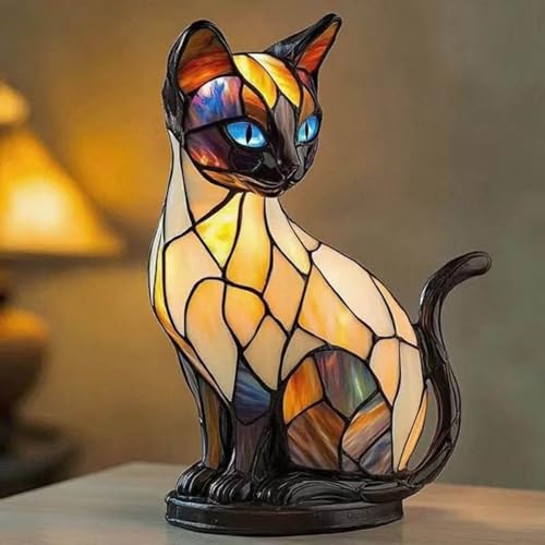 Rubu22a Kunstharz Katzenlampe Retro Katzen Buntglas Tischlampe Vintage-Tierlampe Buntglas Tischlampe Cat Pet Geschenke für Kinder Mädchen (01)