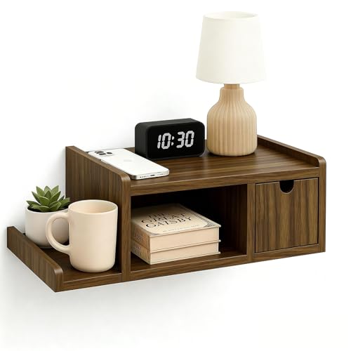 DongRong Floating Nightstand Wall Mounted, Walnut Bedside Table with Drawer,
