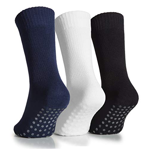 Hugh Ugoli Women's Bamboo Non Slip Grip Diabetic Socks Thin Non Skid Hospital Socks With Seamless Toe, 3 Pairs, Assorted, Shoe Size: 10-12