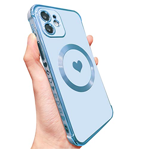 Rxuiael Magnetic Case for iPhone 12 Case for Women Girls Lady Female [Compatible with MagSafe] Soft Luxury Love Heart iPhone 12 Phone Case [ Four Raised Bumper Shockproof] 12 Cove Blue