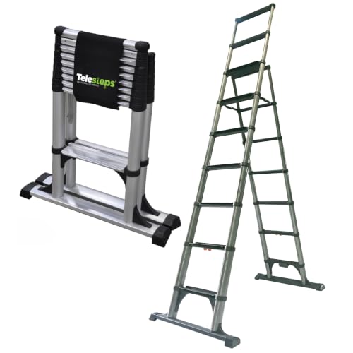 Telesteps 14ES Telescoping A-Frame Ladder – 10 ft Height, 14 ft Reach | Type 1AA 375 lb Rated | One-Touch Folding Aluminum Ladder with Stair Offset, Safety Locks & Stabilizer Bar by Telesteps - Used condition