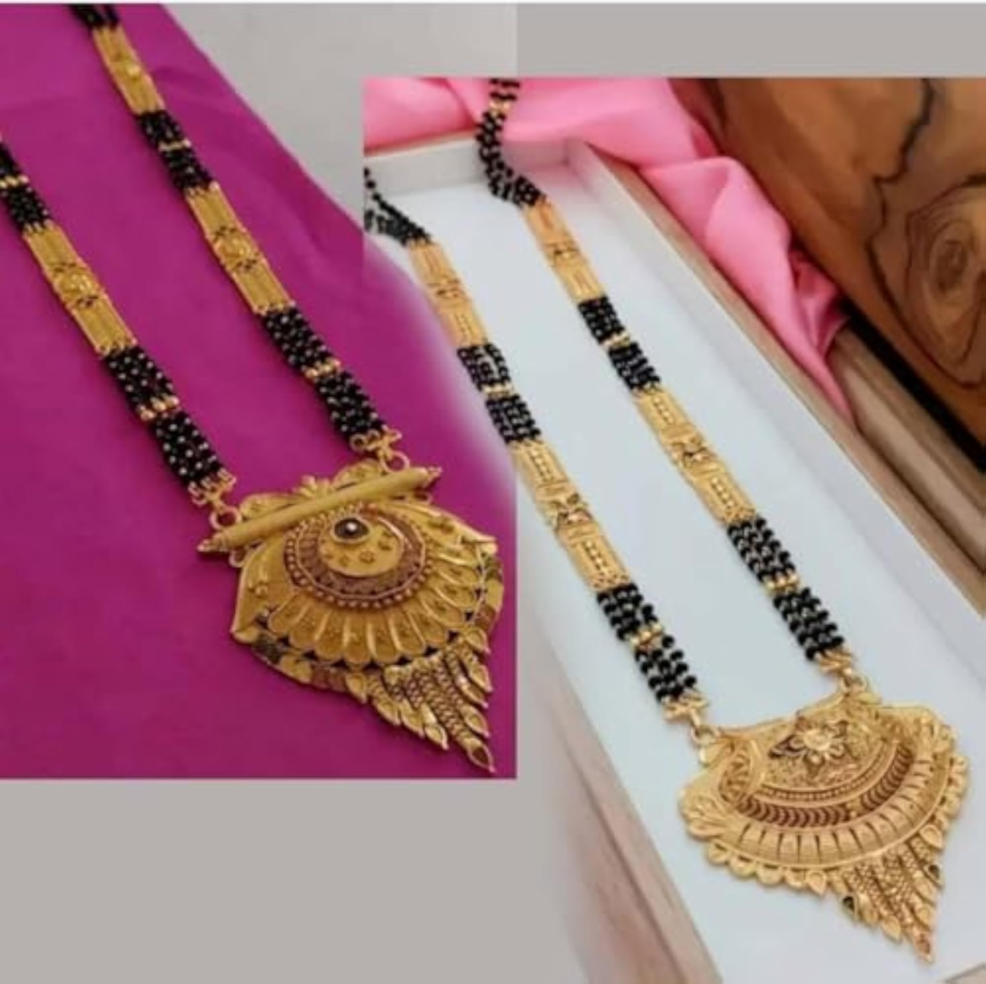 Women's Designer Long Mangalsutra Necklace with Black Beads