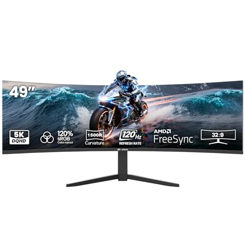 CRUA 49" Curved Gaming Monitor, DQHD(5120×1440), 120Hz Ultra-Wide Monitors, HDR10, 1500R VA Screen, 32:9, AMD FreeSync, 120% sRGB, Built-in Speakers, HDMI 2.1 & DP 1.4, Wall Mount Install- Black