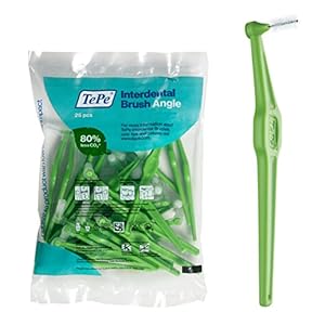 TEPE Interdental Brush Angle, Angled Dental Brush for Teeth Cleaning, Pack of 25, 0.8 mm, Large Gaps, Green, Size 5