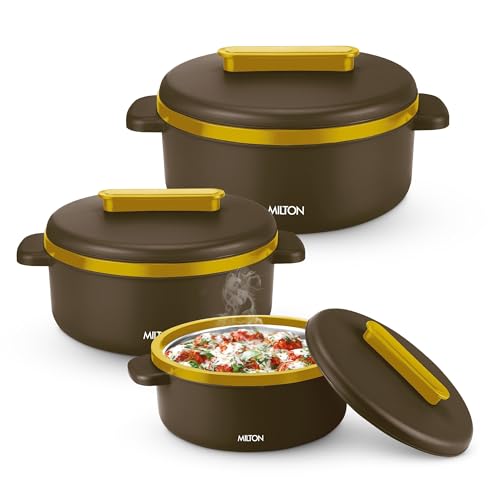 MILTON Micronova Jr. Gift Set Inner Stainless Steel Casserole, Set of 3 (380 ml, 775 ml, 1345 ml), Dark Brown, BPA Free, Food Grade, Hot and Cold, Mic