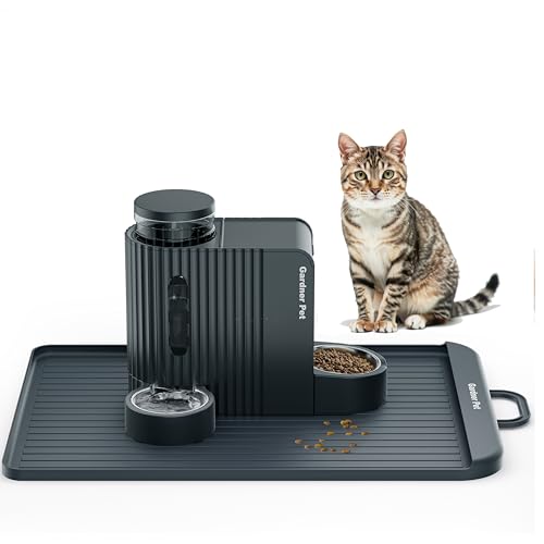 Gardner Pet Automatic Gravity Cat Food Feeder and Water Stainless Steel Dispenser with Large Silicone Cat Food Water Mat for Floors Waterproof Anti-Slip