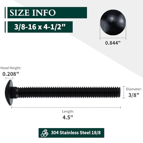 Image of 3 /8-16 x 4-1 /2 inch Black Steel Carriage Bolts, 304 Stainless Steel 18-8, Round Domed Head Square Neck Carriage Bolts Screws, Coarse Thread UNC, 8 PCS