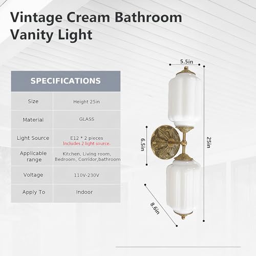 Image of Milk Glass Bathroom Vanity Light - 2-Light Wall Sconce with Brass Finish Base & Green Glass Shade - Wall Sconce Lighting for Mirror, Kitchen, Living Room (White Glass with Gold Metal Accents)