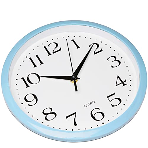 Image of Bernhard Products Light Blue Wall Clock Silent Non Ticking - 10 Inch Quality Quartz Battery Operated Round Easy to Read Home /Kitchen /Office /Classroom /School Clock