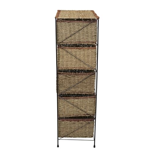 Household Essentials 5 Drawer Seagrass Wicker Storage Unit, Rattan Storage Tower with Protective Coating, Strong Metal Frame, Spacious and, Rustic Modern Design, Handwoven, Natural