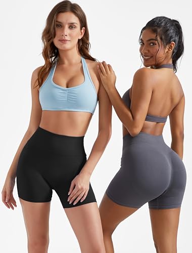 Image of OMKAGI Halter Sports Bras for Women Open Back Workout Bras Padded Yoga Bra Gym Tops
