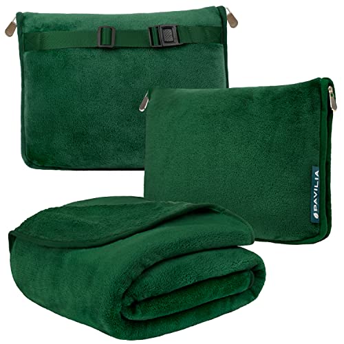 PAVILIA Travel Blanket Pillow, Soft Airplane Blanket 2-in-1 Combo Set, Plane Blanket Compact Packable, Flight Essentials Car Pillow, Travelers Gifts Accessories, Luggage Backpack Strap, 60x43 Green