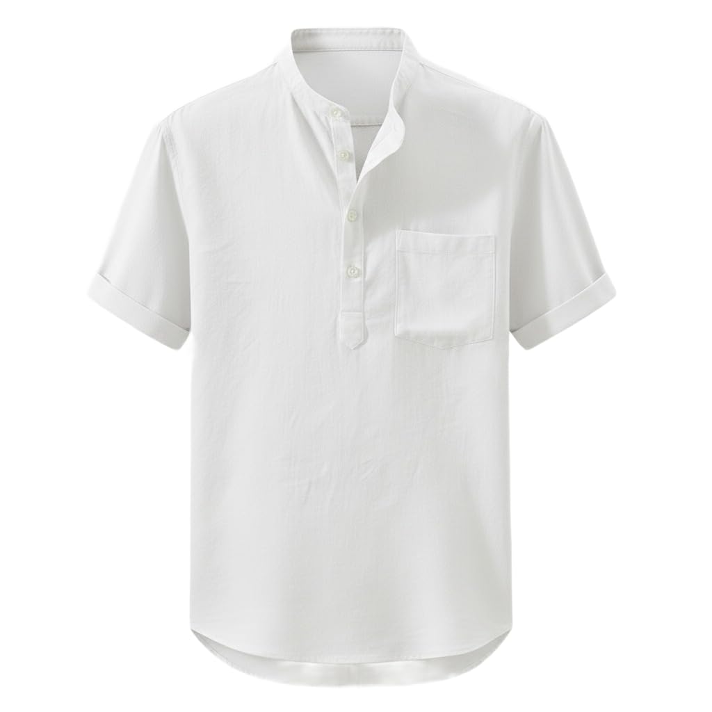 evershyne wears Men's Regular Fit Mandarin Collar Short Sleeve Kurta - White Casual Kurta with Pocket-picture-46