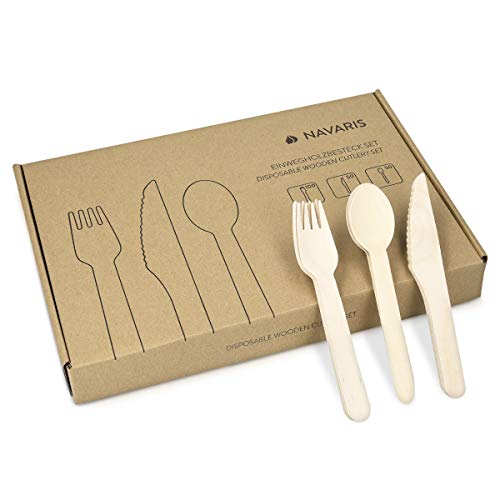 Navaris Posate in Legno USA e Getta - Set 100x forchette 50x Coltelli 50x Cucchiai - Stoviglie Monouso Ecologiche e Biodegradabili in Betulla
