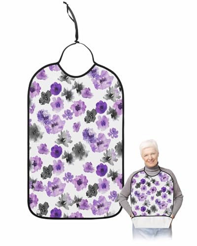 LEOKOTI Purple Black Spring Floral Adult Bibs for Eating, Waterproof Bibs with Food Catcher & Adjustable Snap Closure, Watercolor Botanical Summer Washable Clothing Protectors Adult Bibs for Elderly